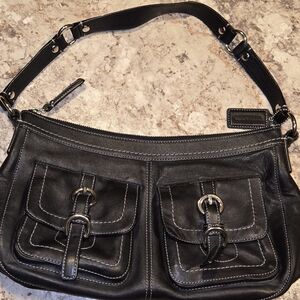 Coach Black Leather Shoulder Bag with Buckle Details And Back Pocket